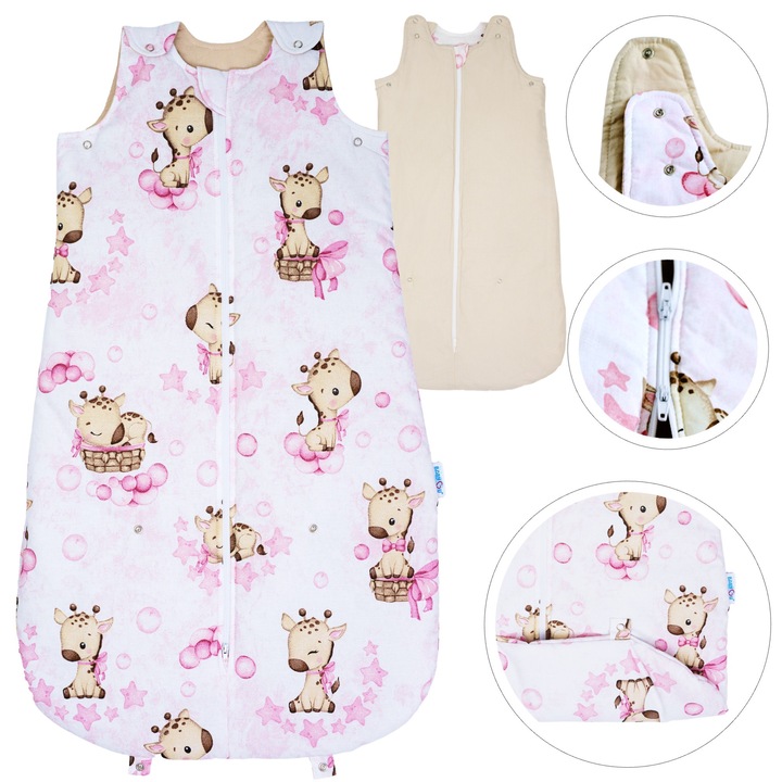 Sac de Dormit Pentru Bebelusi BabyU All Season, Model LOVE, Fermoar cu Dublu Sens, Lungime si Latime Reglabila, Protectie Moale Pentru Barbie, Hipoalergenic, Bumbac Certificat, 1.5 TOG, 0-18 Luni