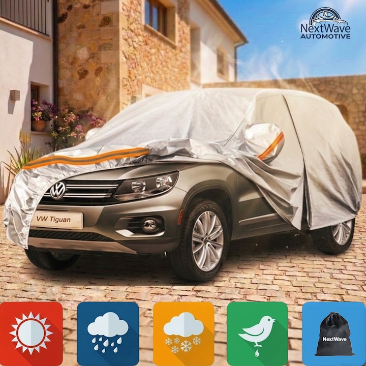 Prelata Auto Premium NextWave®️, Impermeabila, Protectie UV, Praf, Zapada, Inghet, Universala pentru SUV, Buzunare Oglinzi, Fermoar Usa Sofer, Material Premium, Husa Saculet Depozitare, benzi reflectorizante portocalii, 490 x 200 x 185 cm