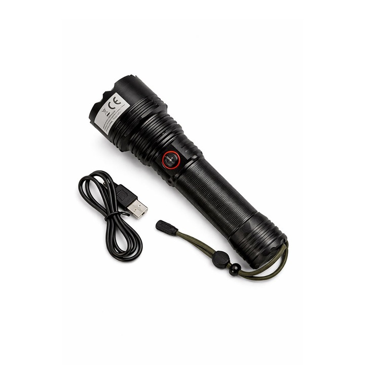 Lanterna LED reincarcabila, acumulator tip 26650 3400mAh inclus, USB, autonomie 8 -18 ore, design robust, curea pentru mana, Negru
