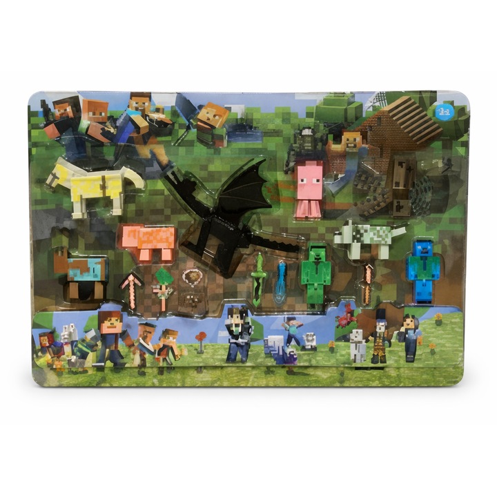 Комплект фигурки Pixel World с дракон и герои, цветен, за деца над 3 години