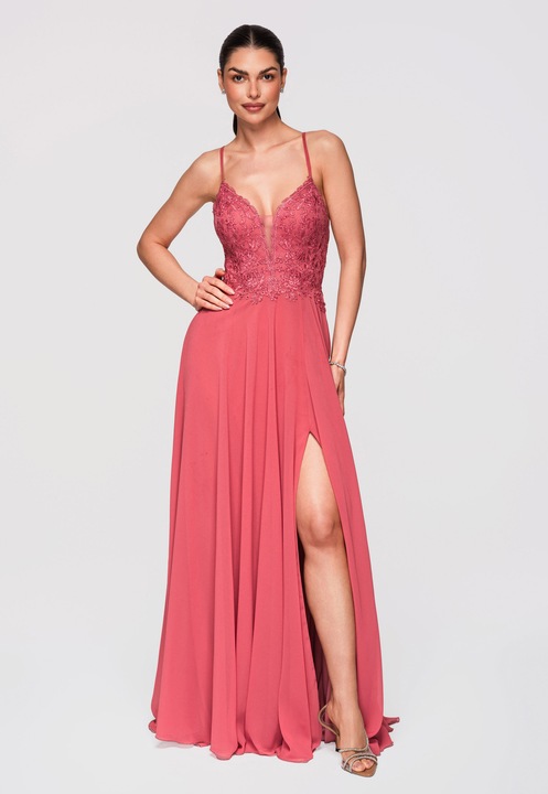 LARICA Rochie Maxi de Seara Violeta cu Dantela si Spate Decupat, Coral