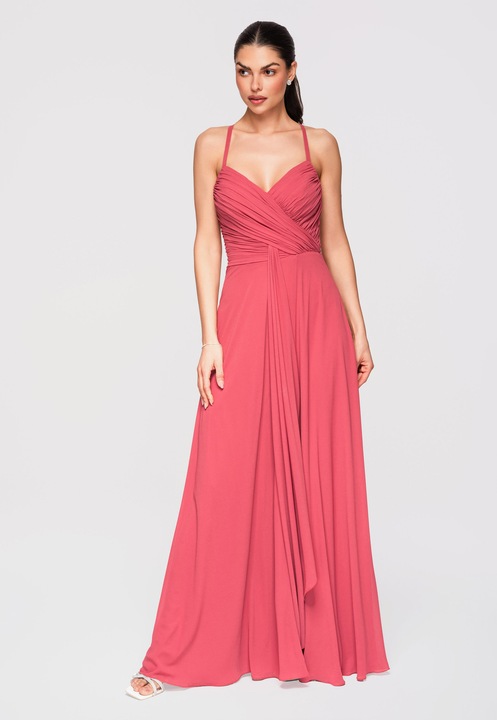 LARICA Rochie Maxi Eleganta, Croi Amplu, Decolteu Petrecut, Ideala pentru Evenimente Speciale, Coral