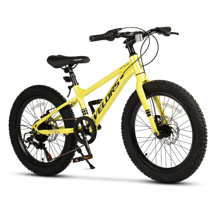 Bicicleta MTB de munte Velors BigOne JSX20272, cadru cu cabluri integrate, echipare Shimano, roata 20 inch balon lat 3.0, frana pe disc, 7 viteze, verde cu negru