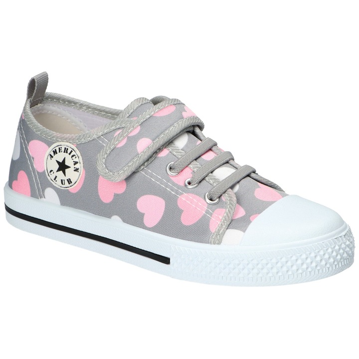 Tenisi pentru fete American Club TEN192, cu velcro si elastic, brant din piele naturala, talpa alba antiderapanta, Gri/Roz