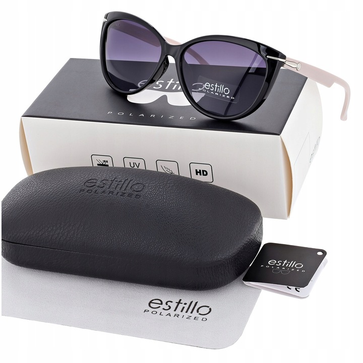 Ochelari de soare dama Estillo, polariizati, forma kocie, negru cizelat, set cu accesorii