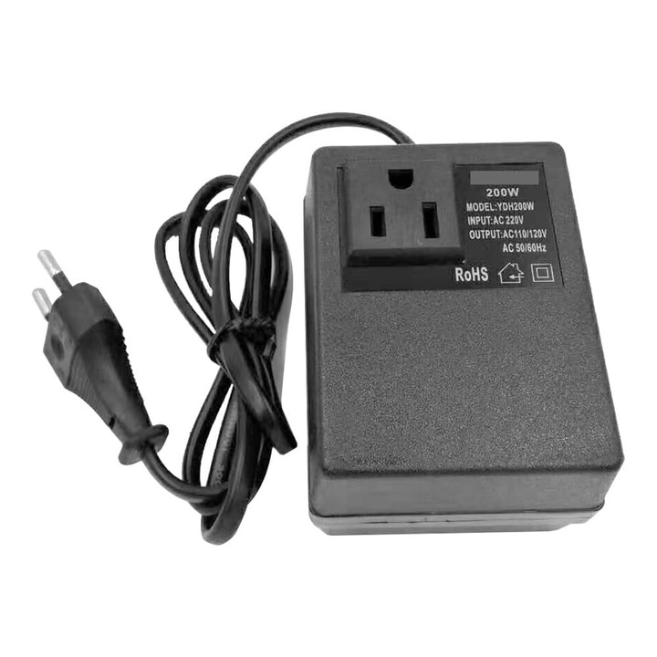 200 W feszültségátalakító, 220 V-ról 110 V-ra transzformátor, lépcsőzetes transzformátor, utazóadapter, aljzatátalakító (európai szabványos dugó)