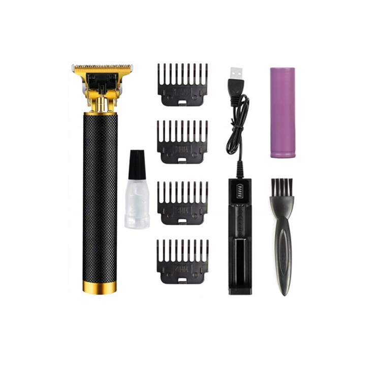 Masina de tuns profesionala T9, pentru barba, par si corp, trimmer barba si contur, otel inoxidabil, lame precise tip T-blade, cap ceramic, 4 capete atasabile, incarcare USB, rezistenta la apa