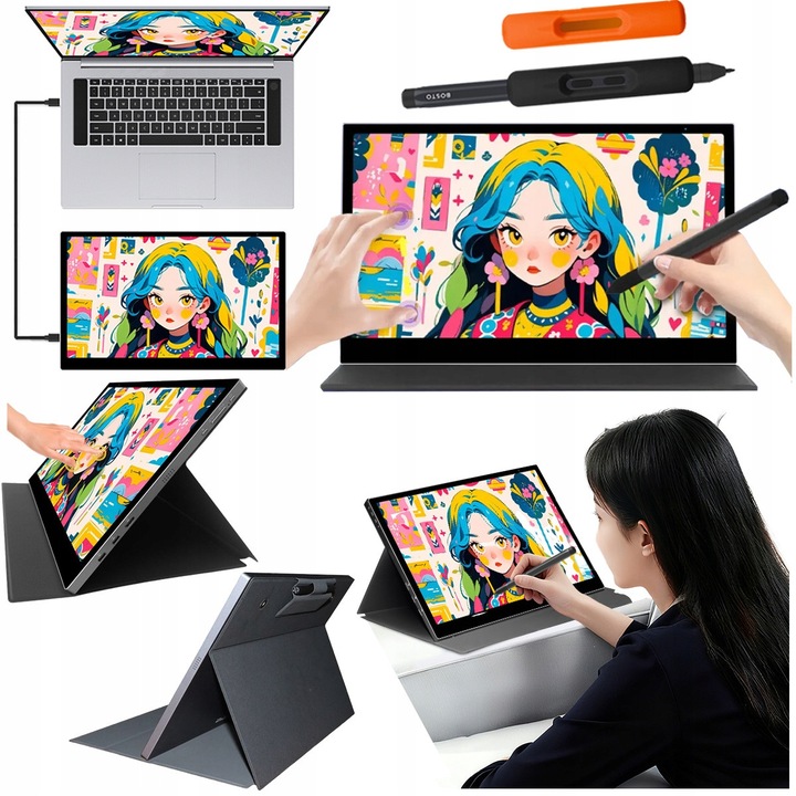 Tableta Grafica, Bosto, P160T, Ecran Tactil, Rezolutie Full HD 1920x1080 Px, 16384 Niveluri Presiune, Stylus Wireless Fara Baterie, Interfata Intuitiva, Performanta Inalta, Design Subtire, 365 x 225 x 9 Mm, Multicolor