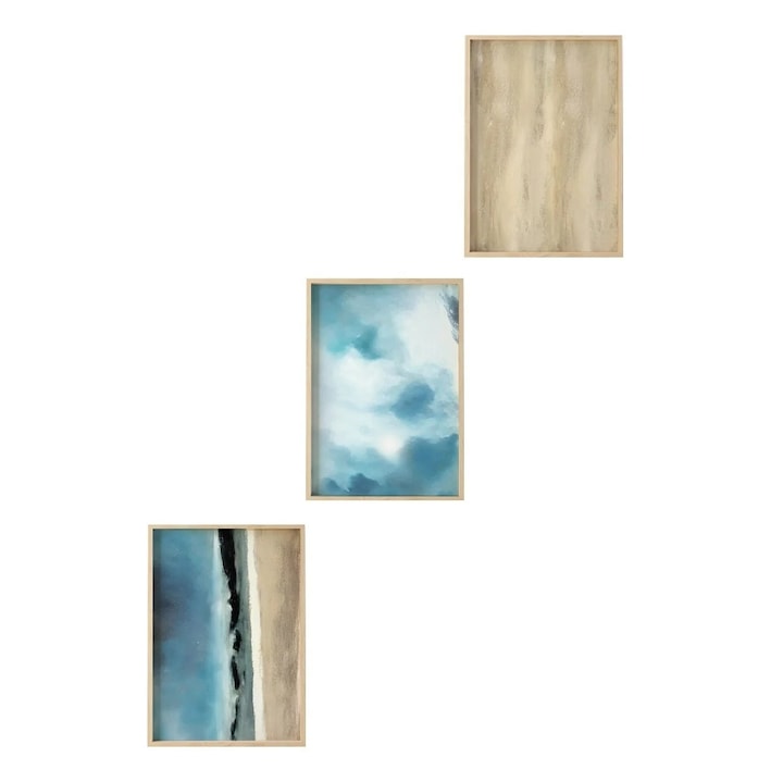 Set tablou decorativ Re-Bloom, 3 piese, MDF/lemn masiv, albastru/bej, 50 x 70 cm