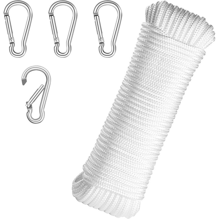 Hegymászó kötél karabinerrel, BOMSTOM, Nylon, Átmérő 4.8mm, Hossz 20m, 4 kampóval, Ruhák felakasztásához, sátrakhoz, függőágyakhoz, kötelekhez, napellenzőkhöz, kültéri használatra, sporthoz, Puha és tartós, Fehér