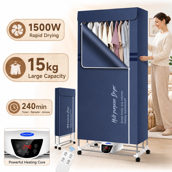 Uscator Rufe Electric Portabil Excitat® 1500W, 15kg, Pliabil, 3 Niveluri, Telecomanda, Temporizator 240 min, Functie Ionizare, Inaltime 1.7m