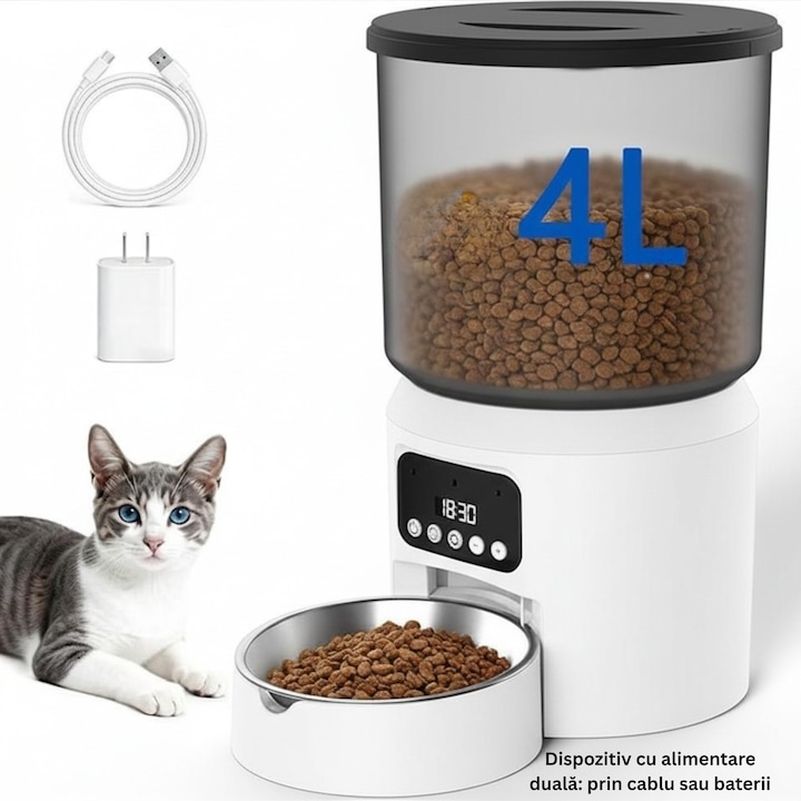 Dozator automat hrana caini si pisici, dispenser / feeder automat, 4L, programabil, bol din otel inoxidabil (inox), alimentare dubla (cablu si baterii), functie adapator, sistem anti-furnici, control portii, anti-risipa, alb