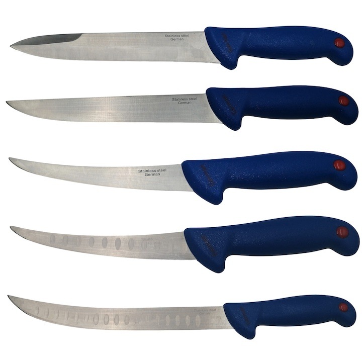 Set 5 cutite bucatar Chef macelarie otel inoxidabil 38 cm filetat injunghiat maner albastru profesional uz intensiv