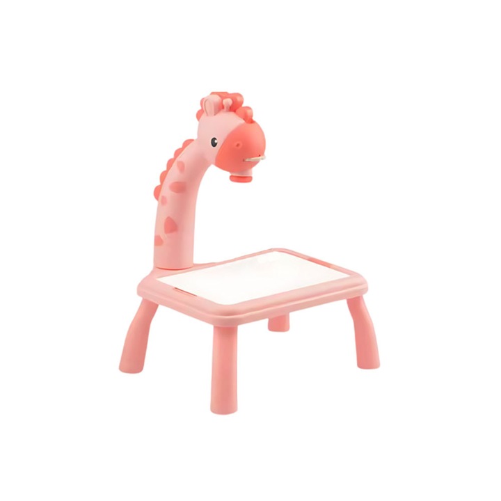 Proiector desen copii, jucarie educativa, tabla desen cu proiector, 24 sabloane incluse, 12 markere, laveta pentru stergere, carnetel pentru desen, girafa, 3+ ani, Roz