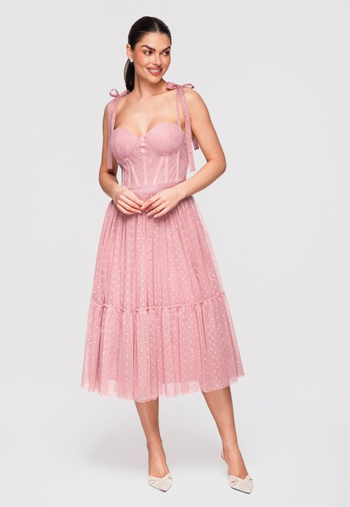 LARICA Rochie midi evazata cu corset si bretele reglabile, din tul cu aplicatii, Roz