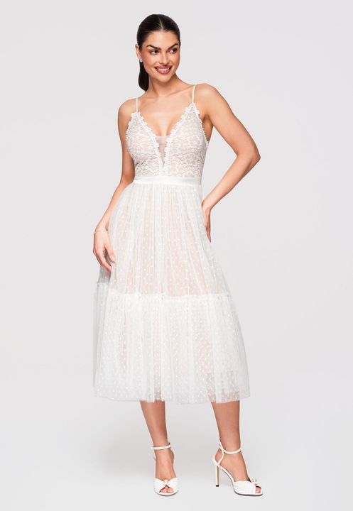 LARICA Rochie midi evazata cu dantela si tul, ideala pentru ocazii speciale, Alb