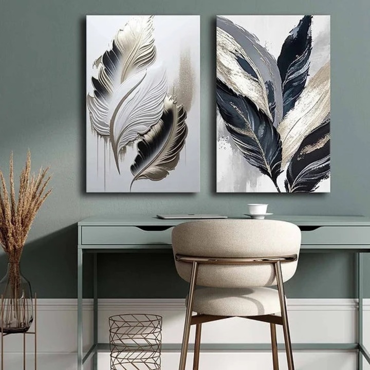 Set tablou decorativ Re-Bloom, 2 piese, model frunze, panza/lemn, multicolor, 45 x 70 cm