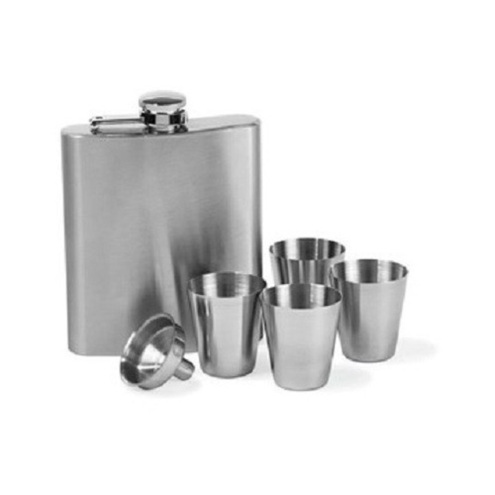 Set sticla 200 ml cu 4 pahare 30 ml din inox, Gri, x cm