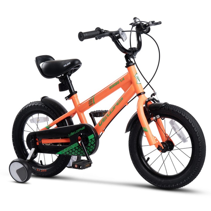 Bicicleta copii 3-5 ani Kids BMX Speed JSX1407, roti 14", frane V-Brake fata, tambur spate, cauciucuri late tip MTB, roti ajutatoare, portocaliu cu verde