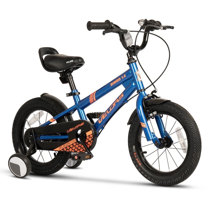 Bicicleta copii 3-5 ani Kids BMX Speed JSX1407, roti 14", frane V-Brake fata, tambur spate, cauciucuri late tip MTB, roti ajutatoare, albastru cu portocaliu