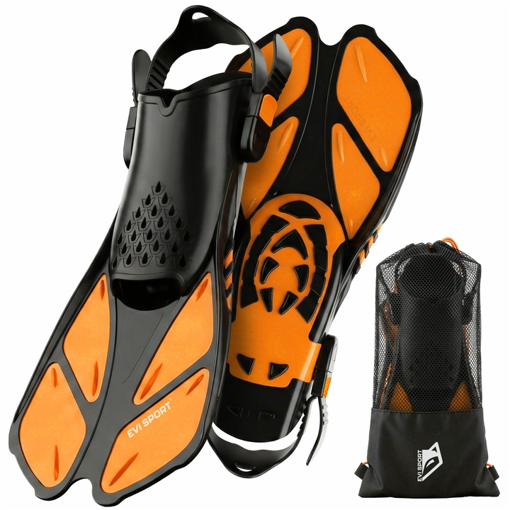 Labe de inot reglabile EVI SPORT Poseidon X, pentru scufundari, snorkeling si piscina, Marime 42-47, Saculet de transport inclus, Portocaliu