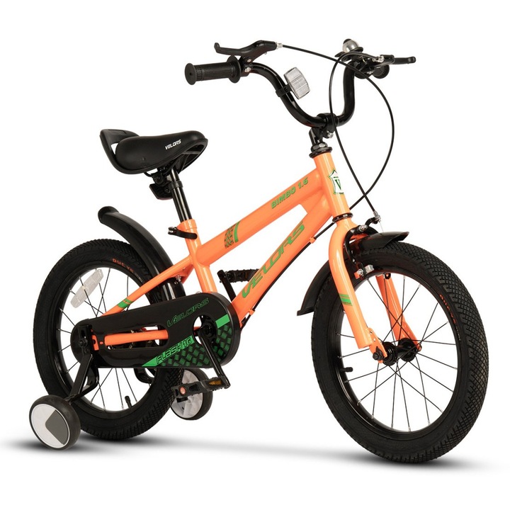 Bicicleta copii 5-7 ani Kids BMX Speed JSX1807, roti 18", frane V-Brake fata, tambur spate, cauciucuri late tip MTB, roti ajutatoare, portocaliu cu verde