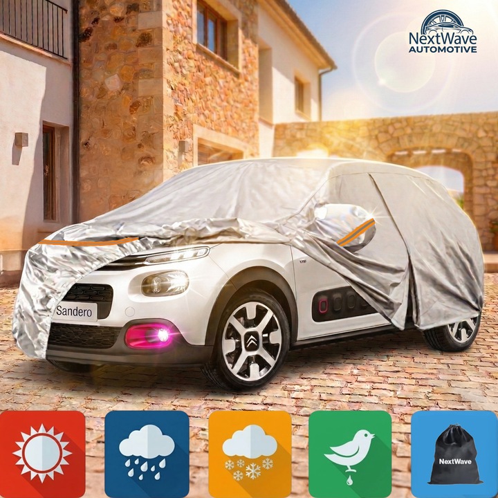 Prelata Auto Premium NextWave®️, Impermeabila, Protectie UV, Praf, Zapada, Inghet, Universala pentru Sedan, Buzunare Oglinzi, Fermoar Usa Sofer, Material Premium, Husa Saculet Depozitare, benzi reflectorizante portocalii, 440 x 175 x 150