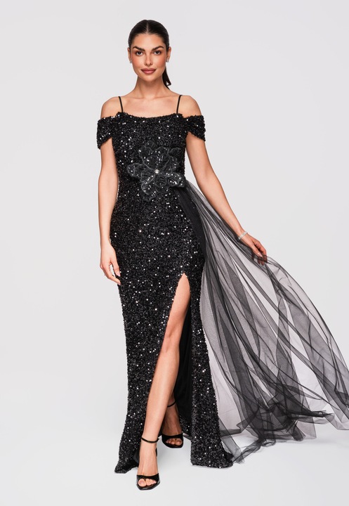 LARICA Rochie Maxi de Seara cu Paiete si Aplicatie Florala Eleganta, Negru