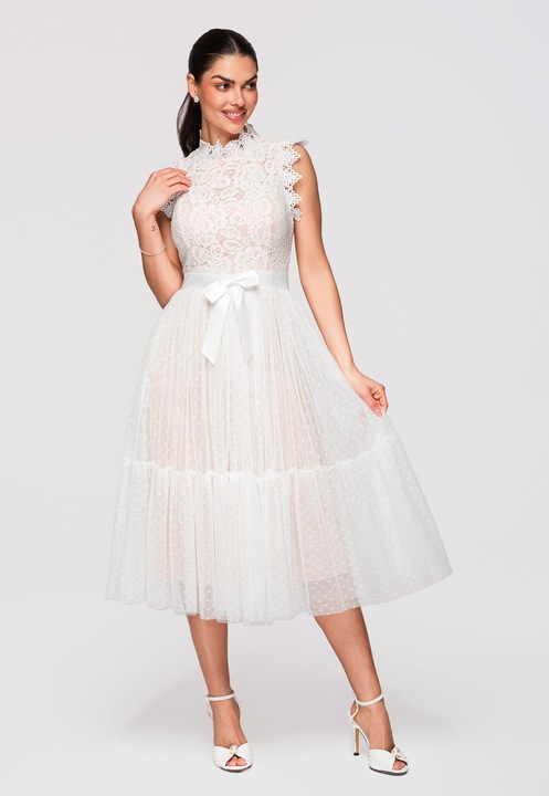 LARICA Rochie Midi Eleganta cu Dantela Florala si Croi Cloche pentru Evenimente Speciale, Alb