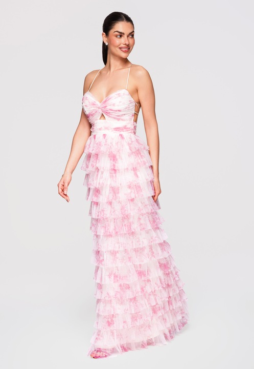 LARICA Rochie Maxi de Seara, Tulle Stratificat, Croiala Evazata cu Spatele Gol, Roz