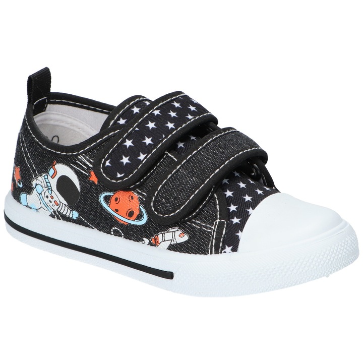 Tenisi pentru copii American Club TEN180, cu inchidere dubla velcro, brant profilat din piele naturala si talpa alba antiderapanta, Negru