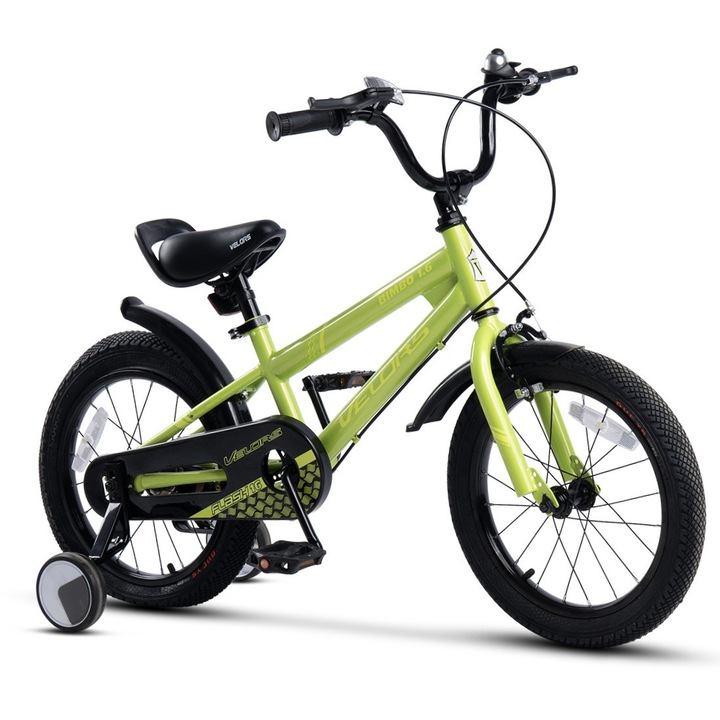 Bicicleta copii 4-6 ani Kids BMX Speed JSX1607, roti 16", frane V-Brake fata, tambur spate, cauciucuri late tip MTB, roti ajutatoare, verde