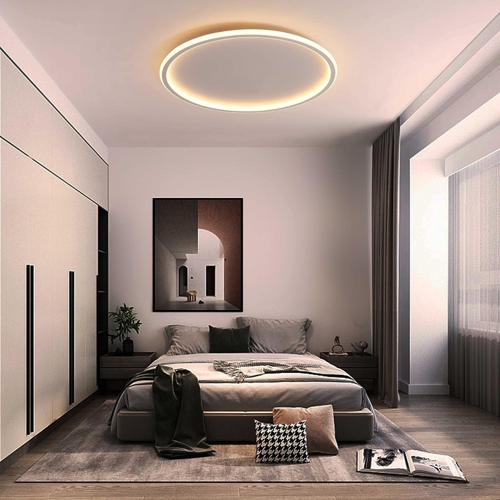 Plafoniera LED dimabila 28W cu telecomanda, 3000K–6000K, functie memorie si lumina de veghe, design modern cu iluminare indirecta, Ø41.5 cm, Alba