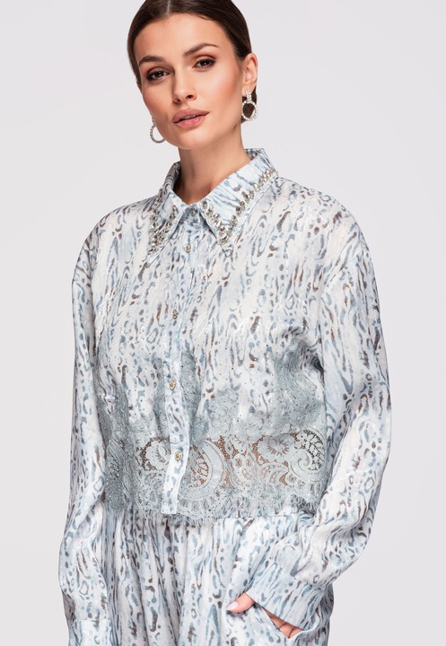 LARICA Camasa dama scurta cu imprimeu animalier si detalii din dantela, croiala lejera, Albastru