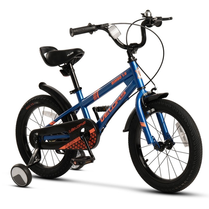 Bicicleta copii 5-7 ani Kids BMX Speed JSX1807, roti 18", frane V-Brake fata, tambur spate, cauciucuri late tip MTB, roti ajutatoare, albastru cu portocaliu