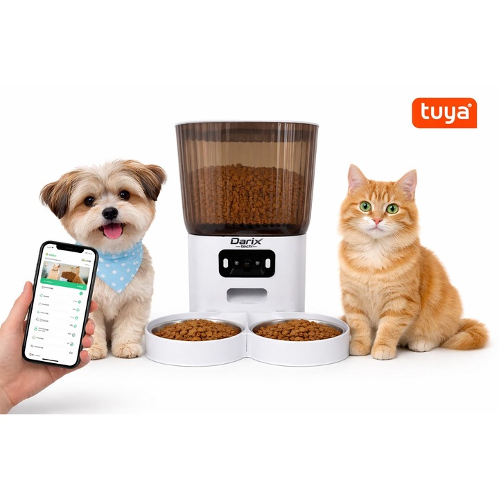 Hranitor Automat Inteligent pentru Pisici si caini, 5L cu Camera HD, Control prin Aplicatie, Programare Hranire, Dozator Dublu pentru 2 Animale, WiFi