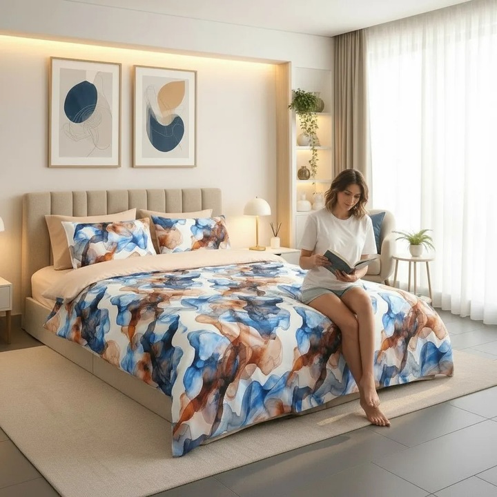 Lenjerie de pat King Size bumbac 100% cu doua fete imprimare digitala, portocalie/albastră, set complet 240x250cm, 200x230cm, 50x70cm