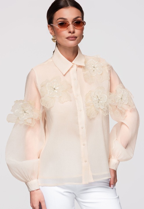 LARICA Camasa dama eleganta cu aplicatii florale si maneci lungi, stil romantic, Ecru