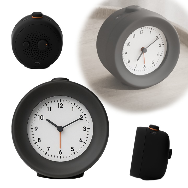 Ceas de masă, Mudita, Bell 2, funcționare silențioasă, iluminare, 10.2x10.5x7cm, negru