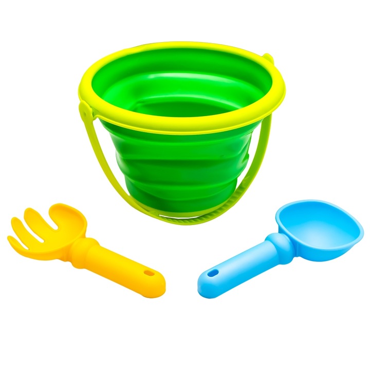 Set de joaca pentru nisip si plaja, 3 piese, Galeata Pliabila din Silicon si Plastic, include Lopatica si Grebla, Verde/Galben/Albastru