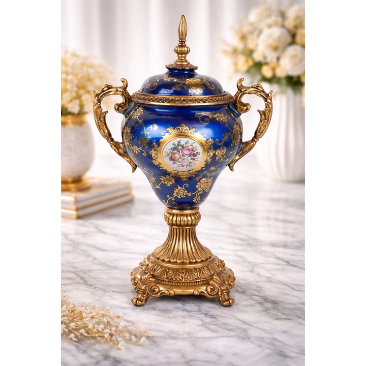 Vaza decorativa stil baroc albastru cobalt cu detalii aurii