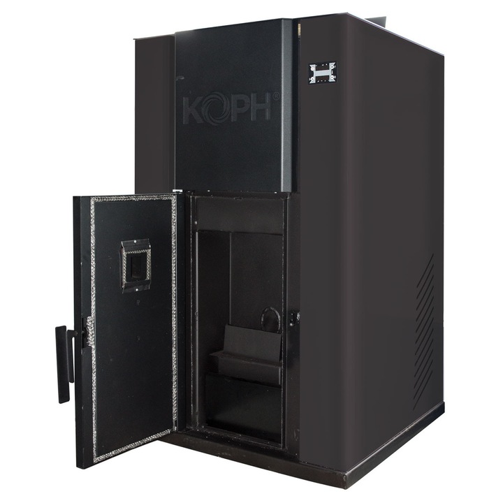Centrala peleti KOPH PM 35 KW, 230 mp, buncar peleti 80 kg, diametru cos fum ⌀100 mm, pompa recirculare si vas expansiune incorporate, Negru