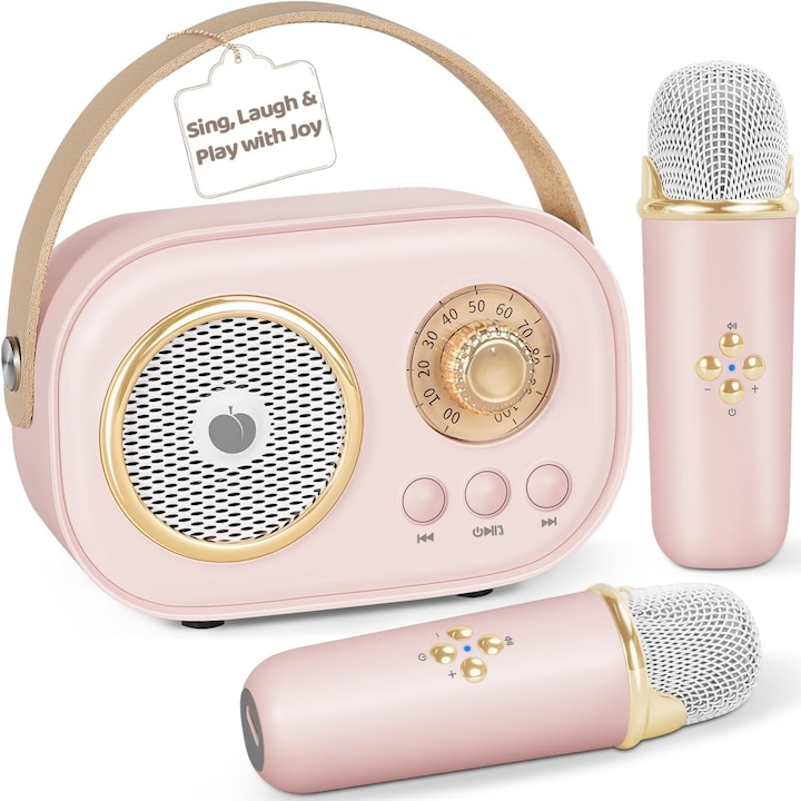 Преносима караоке машина XPQKDC с 2 безжични микрофона, HiFi звук, розова, 4.1x2x2.8 инча