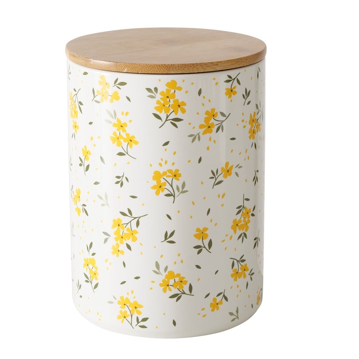 Kerámia konyhai tároló fatetővel, 12x16cm, sárga virágos