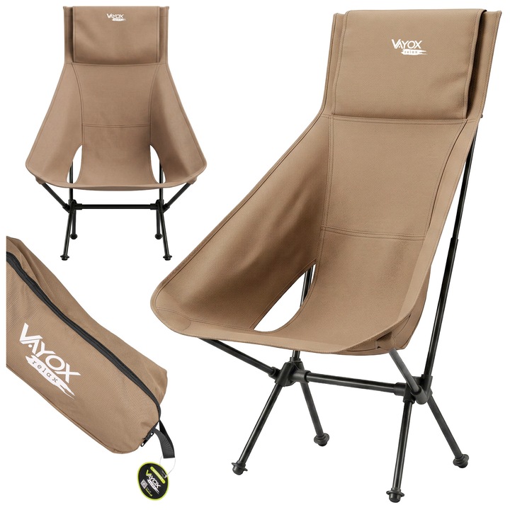 Scaun pliabil camping sau pescuit Vayox Relax VA0431 90x60x97cm, cu buzunar, Culoarea nisipului