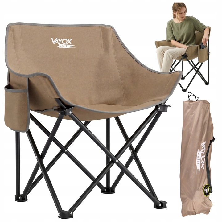 Scaun pliabil camping sau pescuit Vayox VA0432 Chill 60x51x66cm, cu buzunar, Culoarea nisipului