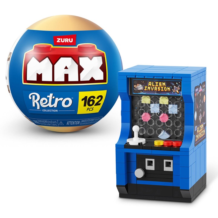 Set de constructie Zuru MAX Retro S1, aparat de joaca arcade, 163 piese, design retro, ambalat in capsula surpriza