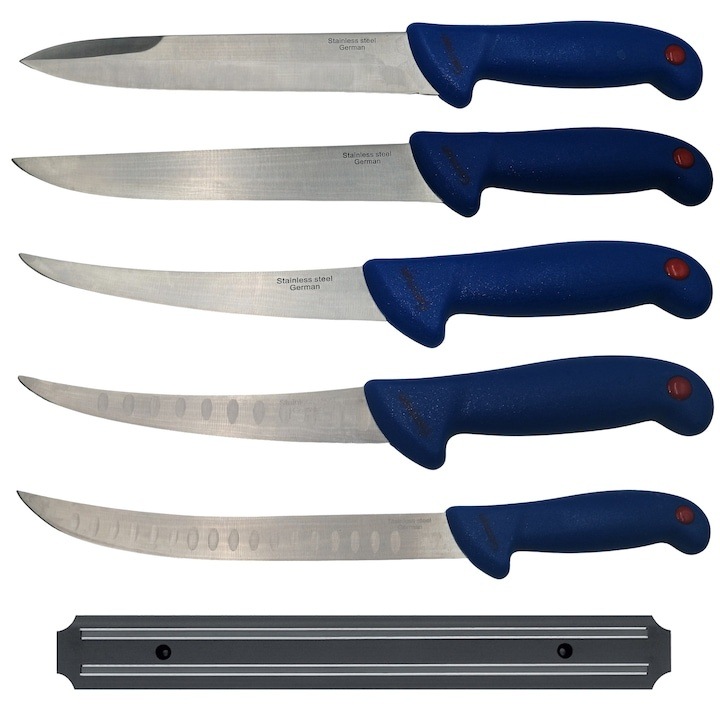 Set 5 cutite bucatar Chef macelarie cu suport magnetic otel inoxidabil 38 cm filetat injunghiat maner albastru