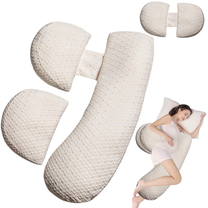 Perna pentru gravide AMRTI Multifunctionala, suport complet pentru corp, forma U, husa detasabila din bumbac, 87x51 cm, Gri/Alb