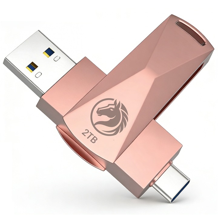Type-C Memorie USB 2TB Interfata Dubla, USB 3.0 viteza maxima 100MB/s 100MB/s, corp metalic impermeabil, compatibil cu smartphone-uri, calculatoare desktop si laptopuri (Aur roz)